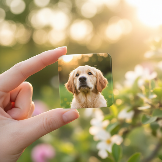Custom photo magnet held in hand